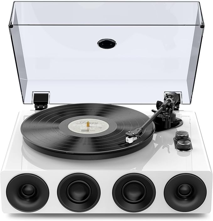 1 by ONE All-in-One Record Player with Wireless Input, High Fidelity Belt Drive Turntable with Built-in Speakers, Magnetic Cartridge AT-3600L, Built-in Preamp, Piano Lacquer White