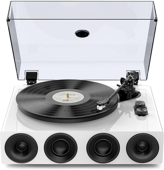 1 by ONE All-in-One Record Player with Wireless Input, High Fidelity Belt Drive Turntable with Built-in Speakers, Magnetic Cartridge AT-3600L, Built-in Preamp, Piano Lacquer White