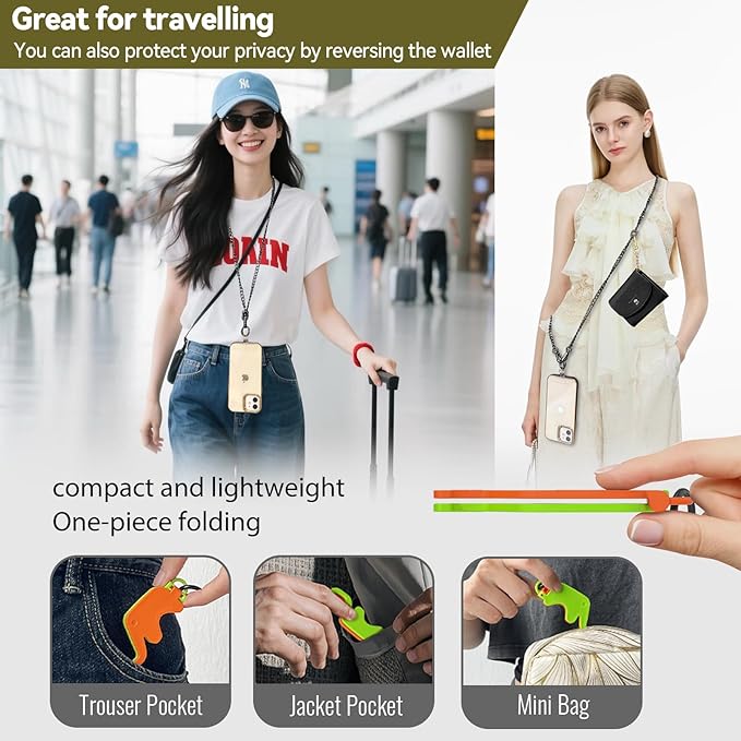 Clip and Go Strap for Phone with Wallet Metal Gun Chain Crossbody Phone Lanyard for Women Adjustable Detachable Wristlet Charm Small Purse Leather Card Holder Zipper with iPhone Stand 2 Patches Black