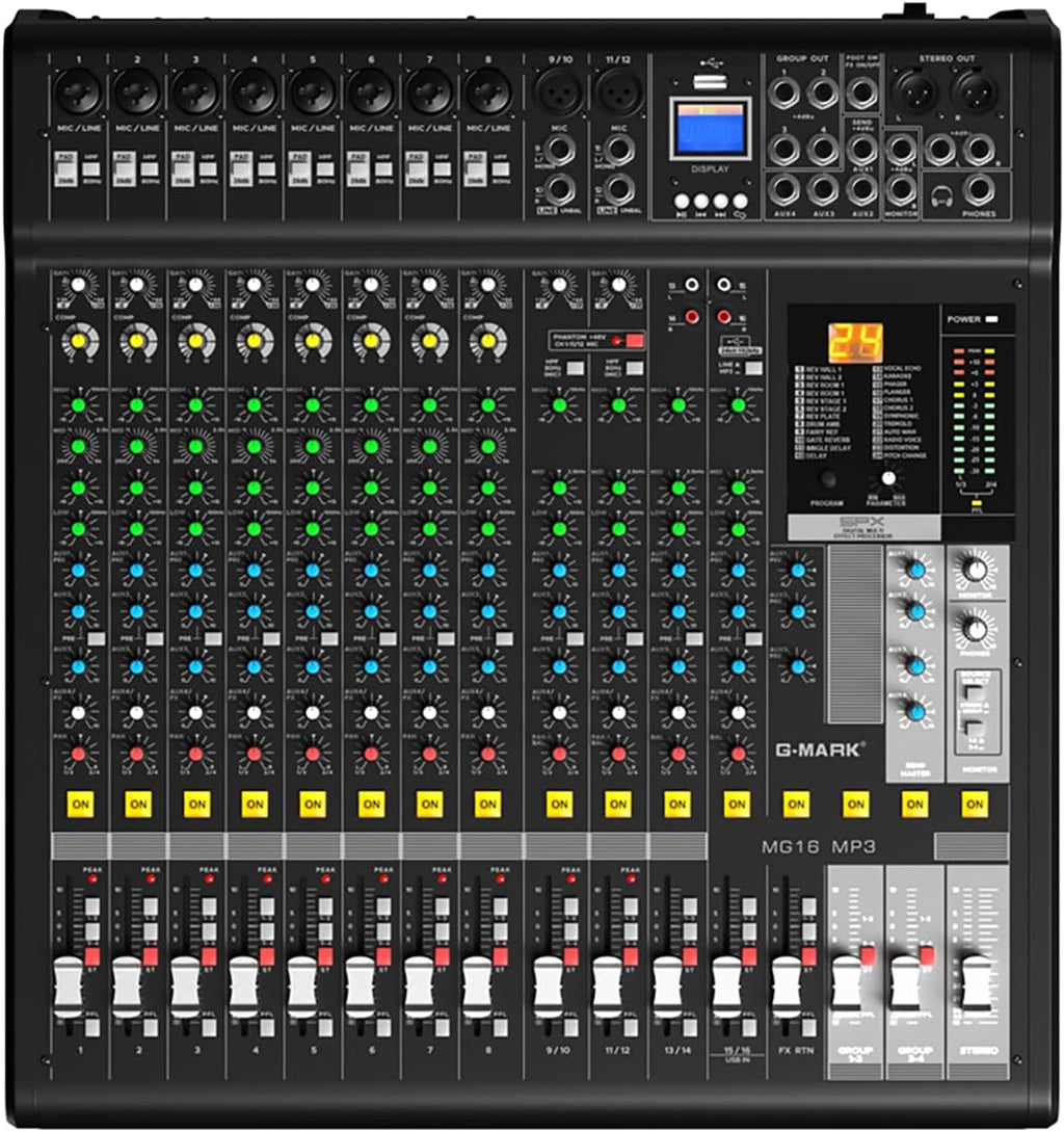 Audio Mixer Bluetooth G-MARK Professional Mixer Usb Interface Sound Board Console System 16 Channel Digital MP3 Computer Input 48V Phantom Power Stereo DJ 24-Bit SPX Effects Mixing Console