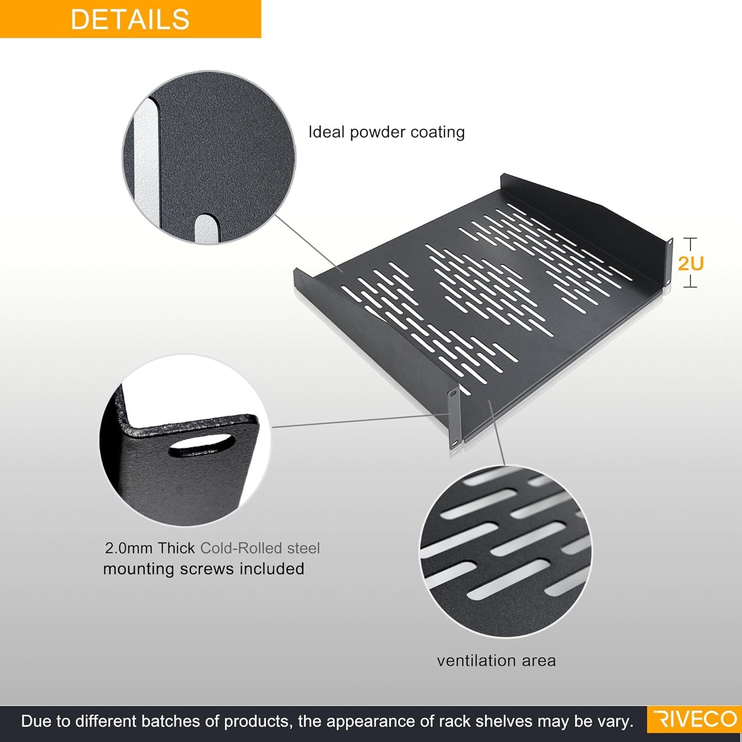 RIVECO 2 PCS 2U Rack Shelves 14 Inch Depth, Rack Mount Vented Cantilevers for Server 19" Server Racks & Network Cabinets Black