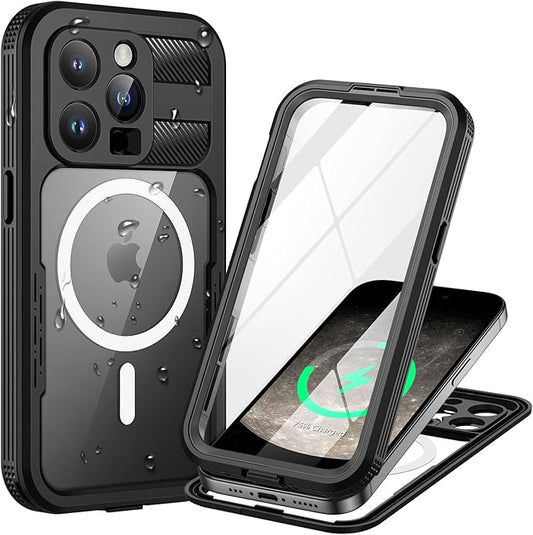 Lanhiem Magnetic for iPhone 15 Pro Max Case, IP68 Waterproof Dustproof Case, [Compatible with Magsafe] [Built-in Screen Protector] Full Body Heavy Duty Rugged Phone Cover 6.7 inch, Black/Clear
