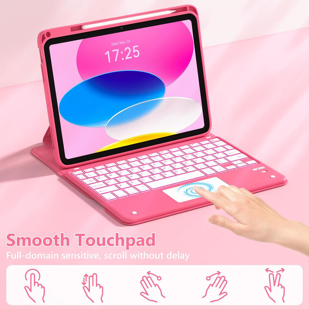 Touchpad for iPad A16 11th/10th Generation Case with Keyboard, 7 Color Backlit 360 Rotation Cover with Pencil Holder,Detachable Keyboard for iPad 11 inch 2025/10th Gen 10.9'' 2022 (Watermelon Red)