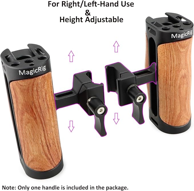 Wooden NATO Side Handle Mini Grip & NATO Rail 50mm for DSLR/Volg Camera Cage, Built-in Cold Shoe Mount, 1/4" & 3/8" ARRI Thread Hole, Up and Down Adjustable, for Left or Right Handle