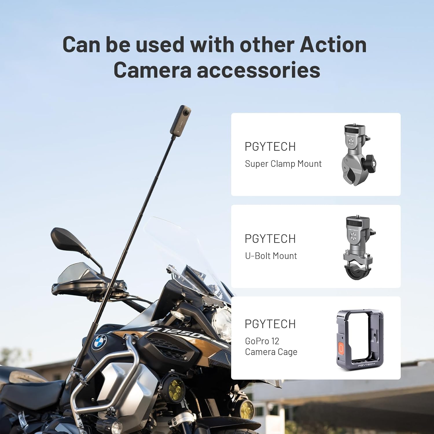 PGYTECH Extendable Selfie Stick (96cm/37.8inch) Aluminum Long Pole Invisible for Insta360 X4/X3, Extension Monopod for GoPro 13/12/11/10 DJI OSMO Pocket 3/2 Action 4/3, AKASO Action Camera Accessories