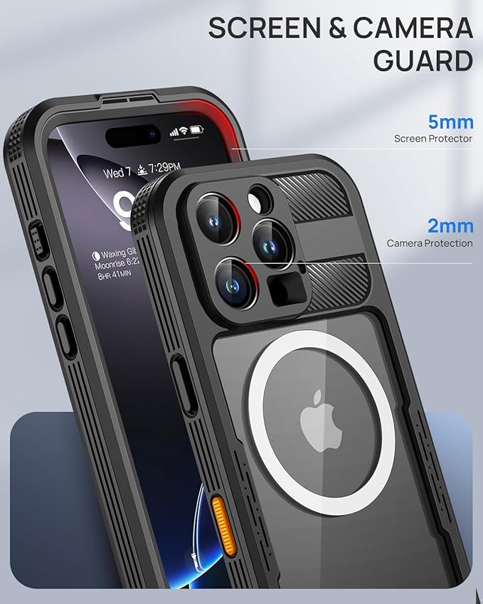Lanhiem Magnetic for iPhone 16 Pro Case, IP68 Waterproof Dustproof Case, [Compatible with Magsafe] [Built-in Screen Protector] Full Body Heavy Duty Rugged Phone Cover 6.3 inch, Black/Clear
