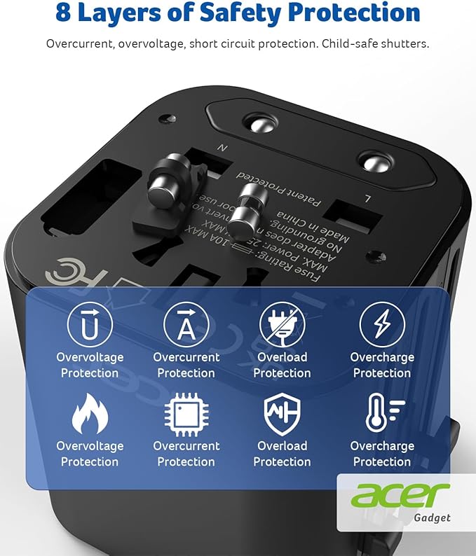 Acer European Travel Plug Adapter，Universal Travel Adapter, International Power Adapter for USA to Europe UK France Germany Spain Ireland Australia (Type C/G/A/I),Black