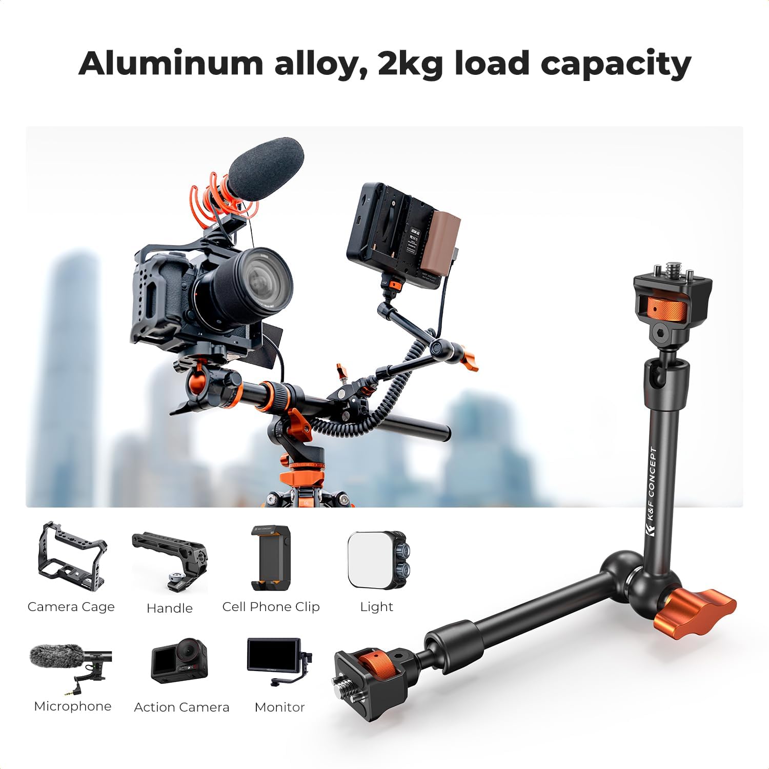 K&F Concept 11" Magic Arm Clamp Kit with ARRI 1/4" & 3/8" Thread Screw 360° Ball Heads Articulating Arm Camera Adapter for DSLR, Monitor, LED Light, Microphone, Camera Cage, Action Camera
