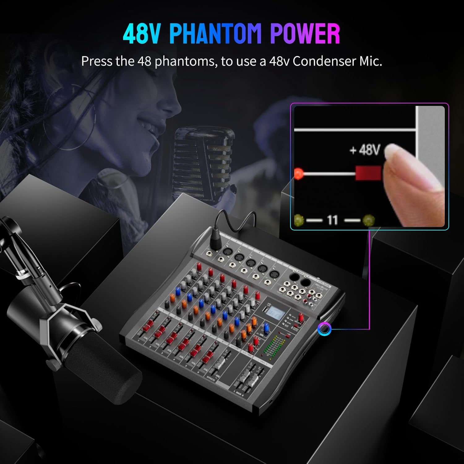 Professional DJ Audio Mixer - NEW BAXS 6 Channel DJ Bluetooth Controller Sound Mixer,USB Interface,6 XLR Mic/Line Input,AUX,FX Processor MP3 Player,+48V Phantom For Karaoke Studio Streaming Recording