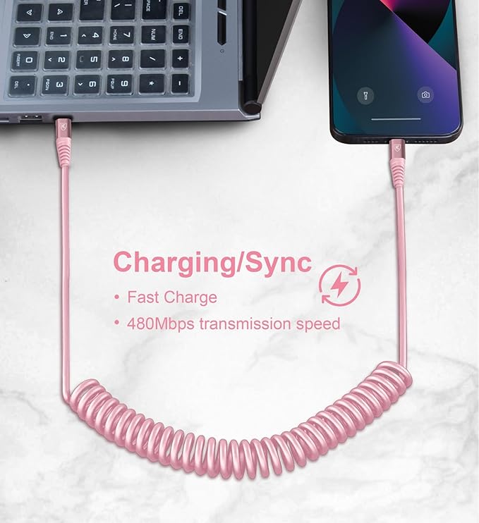 KIYODA USB C to Lightning Cable 3FTfor Car, Coiled iPhone Charger Fast Charging Short USBC Lightning iPhone Cord for iPhone14/13/12/11 Pro Max/iPad/CarPlay- 2Pack Pink