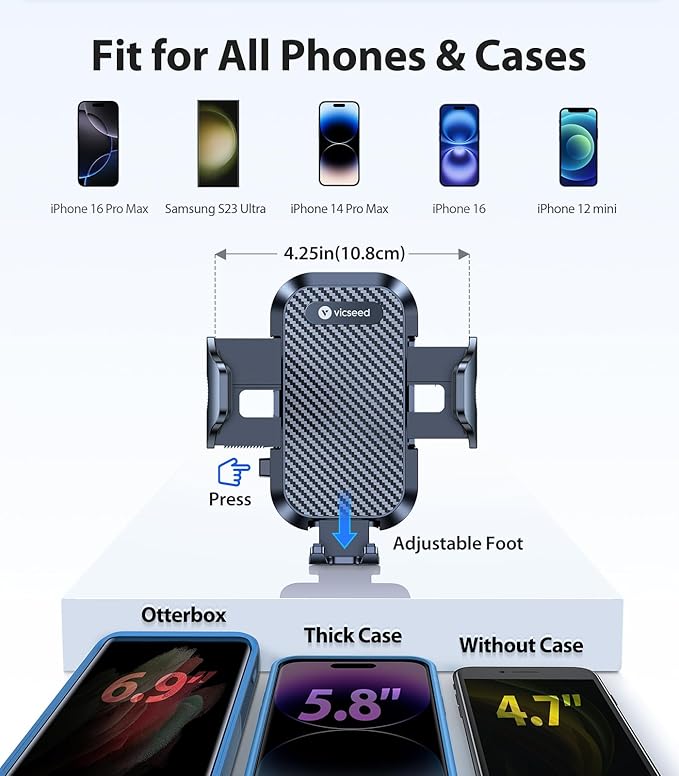 VICSEED Strong Suction Car Phone Holder [Ultra-Stable for Heavy Phones & Thick Cases] 3-in-1 Dashboard Windshield Vent Cellphone Mount, Military-Grade Truck Boat Cradle Universal for iPhone & Android