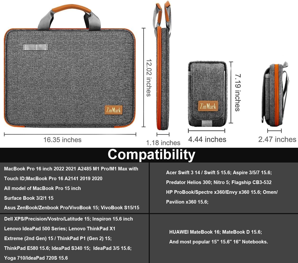 Laptop Case 15.6 Inch Briefcase Military-Grade Protection with Detachable Belt Bag, Compatible All Model of 15-16 Inch MacBook Pro and Most Popular 15.6 Inch Notebooks Chromebooks (Gray Orange)