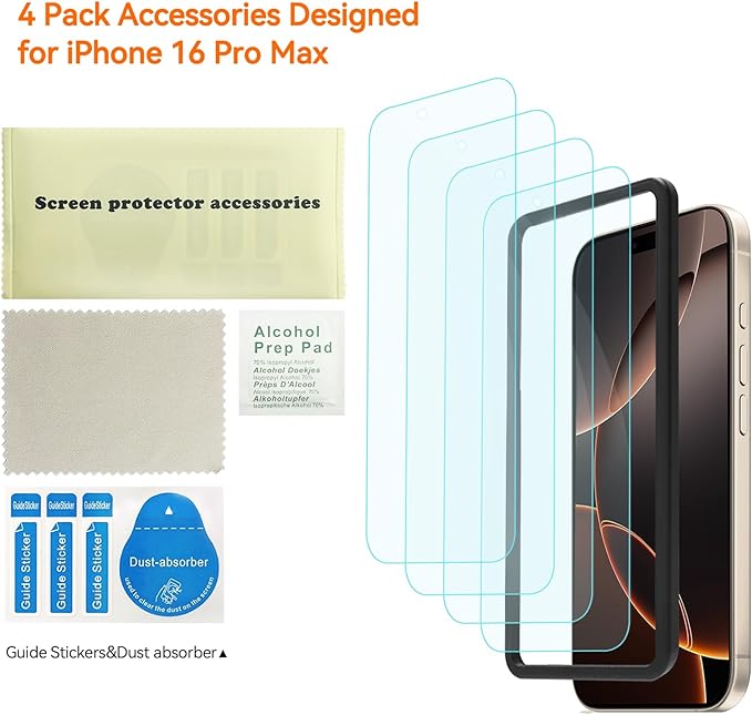 4 Pack Anti Blue Light Screen Protector for iPhone 16 Pro Max [6.9 inch] with Installation Frame,9H+ Anti Blue Light Tempered Glass, Anti-Scratch, Case Friendly