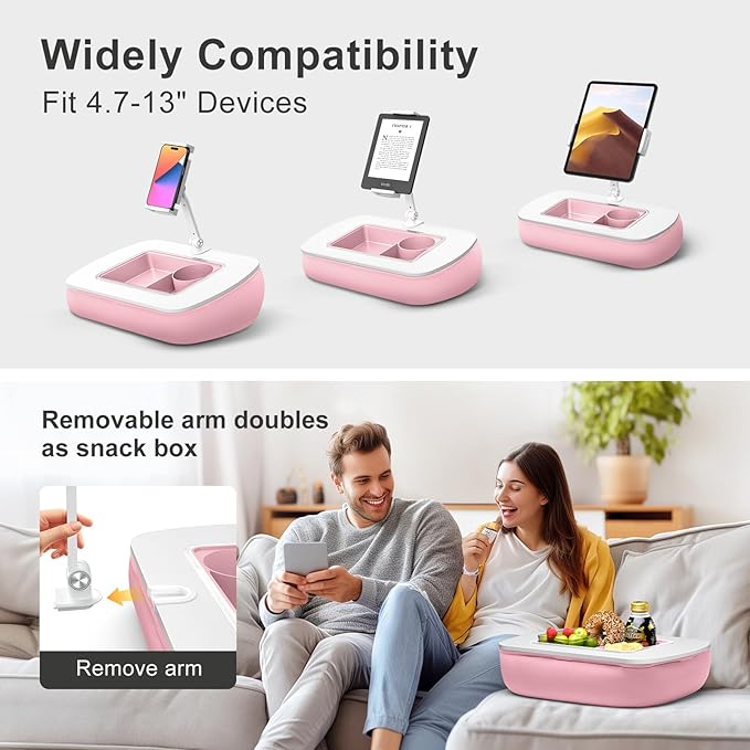 Lap Beanbag Tablet Pillow Stand with Snack Bowl and 360° Rotating Arm, Adjustable iPad Holder for Bed, Couch, and Recliner, Compatible with 4.7"-13" Kindle, iPad, Tablet, Phone,Pink