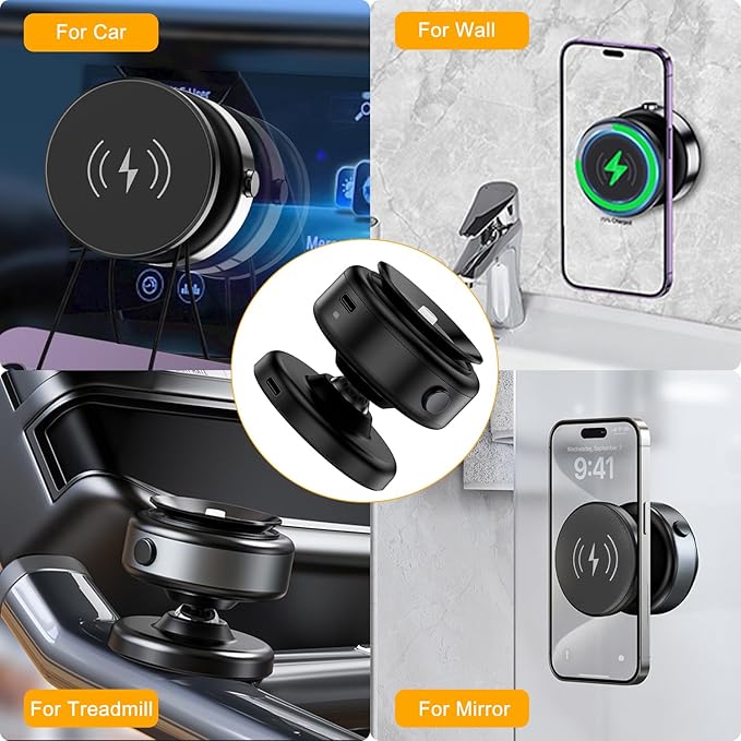 15W Wireless for MagSafe Car Mount Charger, 360° Adjustable Vacuum Magnetic Phone Holder Car Charger for iPhone 16 15 14 13 12, Suction Cup Phone Mount for Gym/Mirror