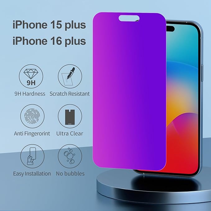 Compatible for iPhone 15 Plus/iPhone 16 Plus Privacy Screen Protector Tempered Glass 6.7 Inch, Purple Gradient Anti Spy Anti Blue Light HD Easy Installation