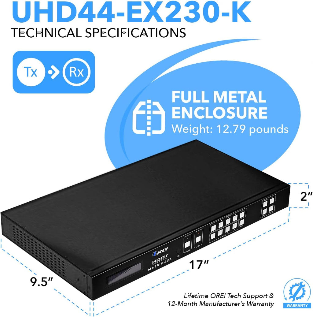 OREI Professional 4K 4x4 HDMI Extender Matrix - HDBaseT UltraHD 4K @ 60Hz 4:2:0 Over Single CAT5e/6/7 Cable with HDR Switcher & IR Control, RS-232 - Up to 230 Ft - Loop Out - 4 Receivers Included