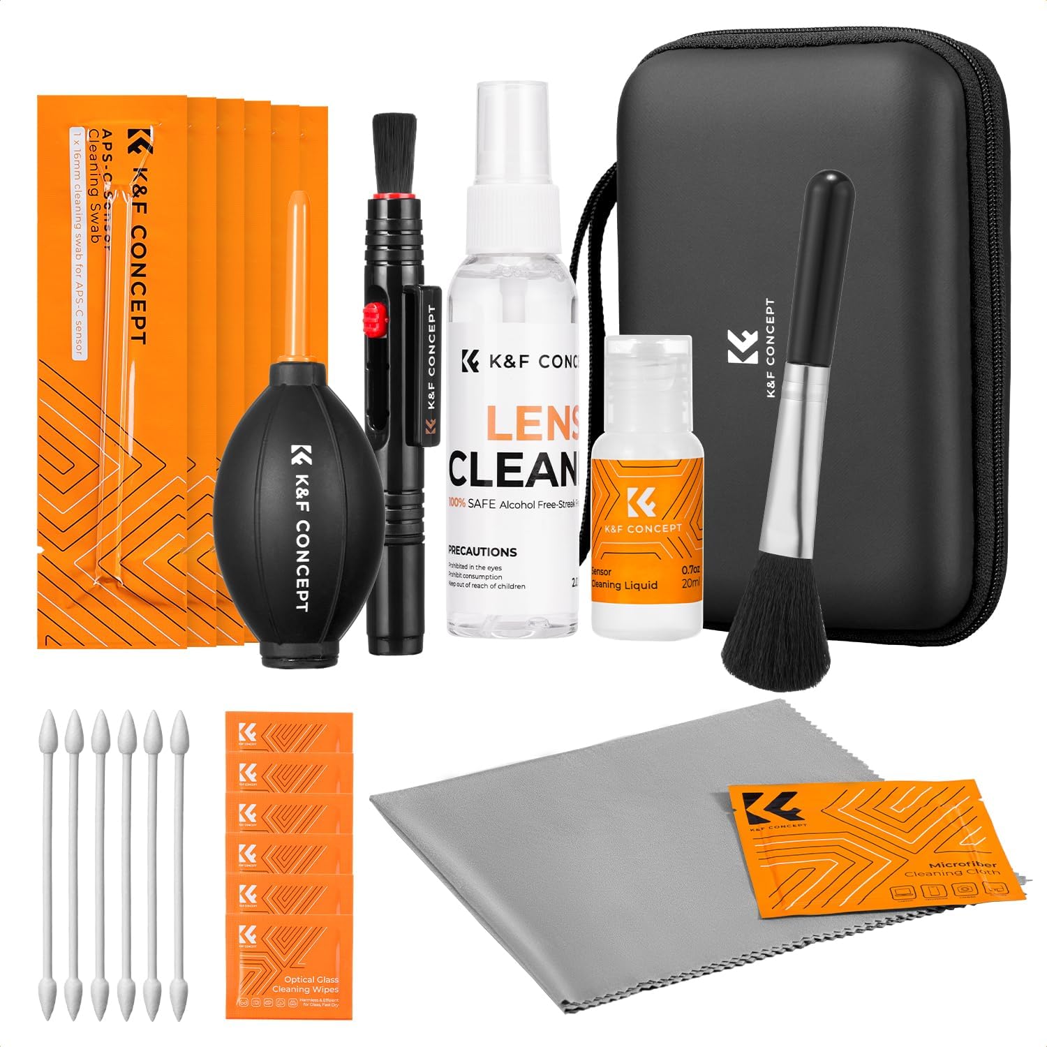 K&F CONCEPT 25-1 Professional Camera Cleaning Kit for DSLR Cameras with APS-C Sensor Cleaning Swabs/60ML&20ML Lens Cleaner/Cleaning Wipes/Camera Blower/Lens Pen Brush/Microfiber Cloths/Carrying Case
