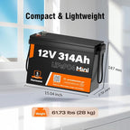 12V 300Ah (314Ah) LiFePO4 Lithium Mini Battery, Max. 4019Wh Energy, 15000+ Deep Cycles, 100A BMS Lithium Iron Phosphate Rechargeable Battery Great for RV, Marine and Off Grid Applications