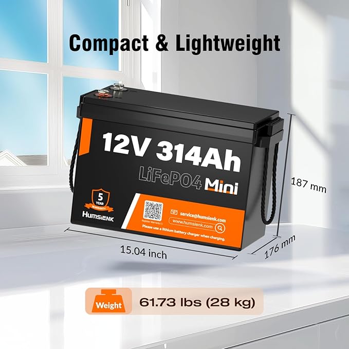 12V 300Ah (314Ah) LiFePO4 Lithium Mini Battery, Max. 4019Wh Energy, 15000+ Deep Cycles, 100A BMS Lithium Iron Phosphate Rechargeable Battery Great for RV, Marine and Off Grid Applications