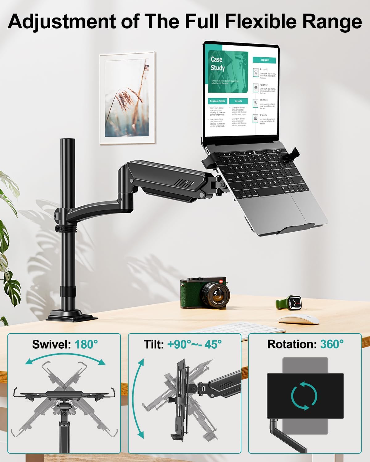 MOUNT PRO Laptop Arm Desk Mount, Single Monitor Stand with VESA Laptop Tray, Adjustable Lap Top Holder for Max 22lbs 17" Notebook & 32" Computer Screen, Swivel Notebook Bracket, Clamp on/Grommet Base