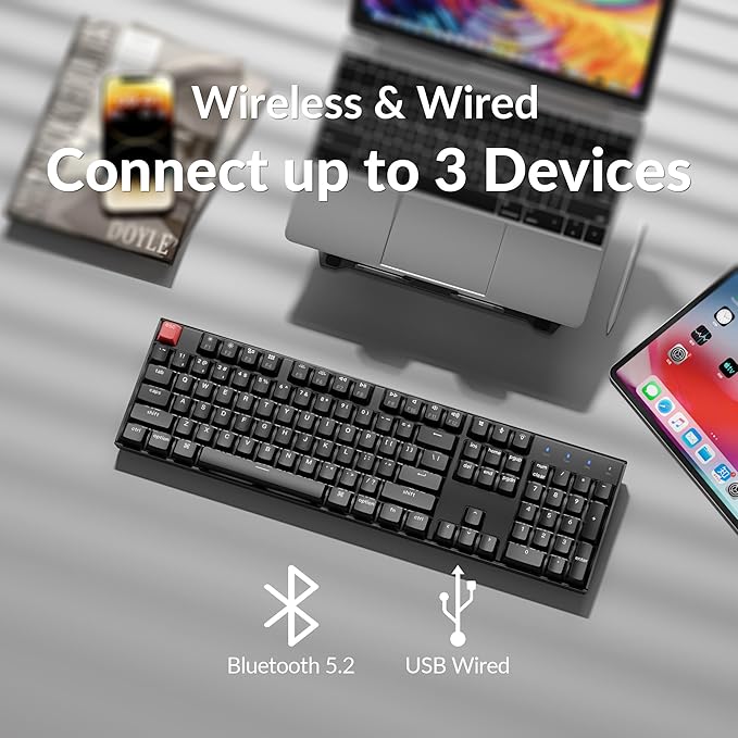 Keychron K10 Full Size Layout White LED Backlit Hot-Swappable Mechanical Keyboard for Mac Windows, 104-Key Bluetooth Wireless/USB Wired Computer Keyboard with Keychron Super Banana Switch(Version 2)