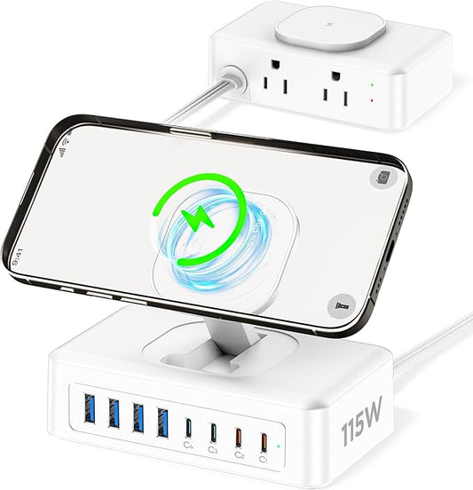 115W USB Charging Station Power Strip, 11-in-1 USB C Charger Block, 2AC Outlets with 8USB Ports(4USB-C), 5FT Flat Plug Extension Cord, Fast Charging Desktop Charger for Home Office Dorm Room, White