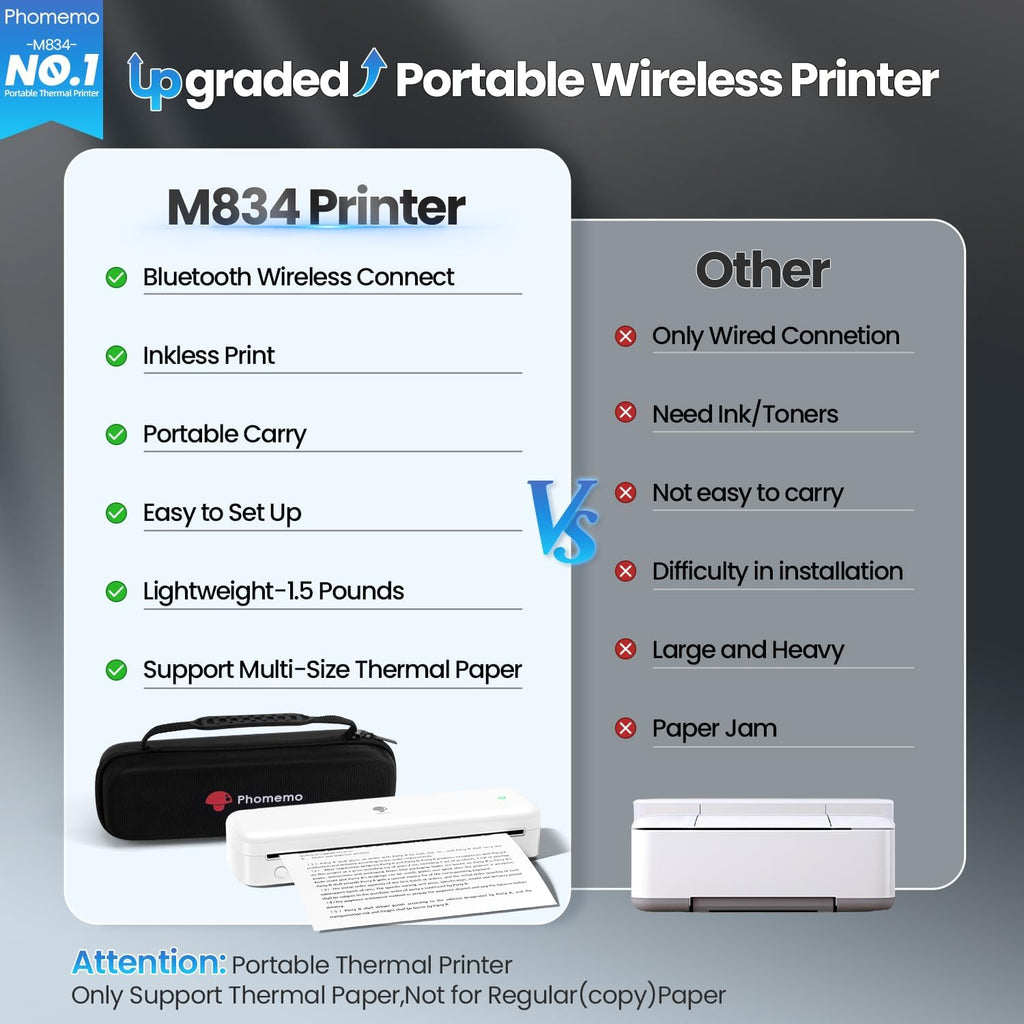 Phomemo Portable Printers Wireless for Travel [Upgraded],M834 Bluetooth Thermal Printer 8.5" x 11"& A4 Size,Inkless Mobile Printer with Carry Case for Travel,Office,School,Car,Home,White