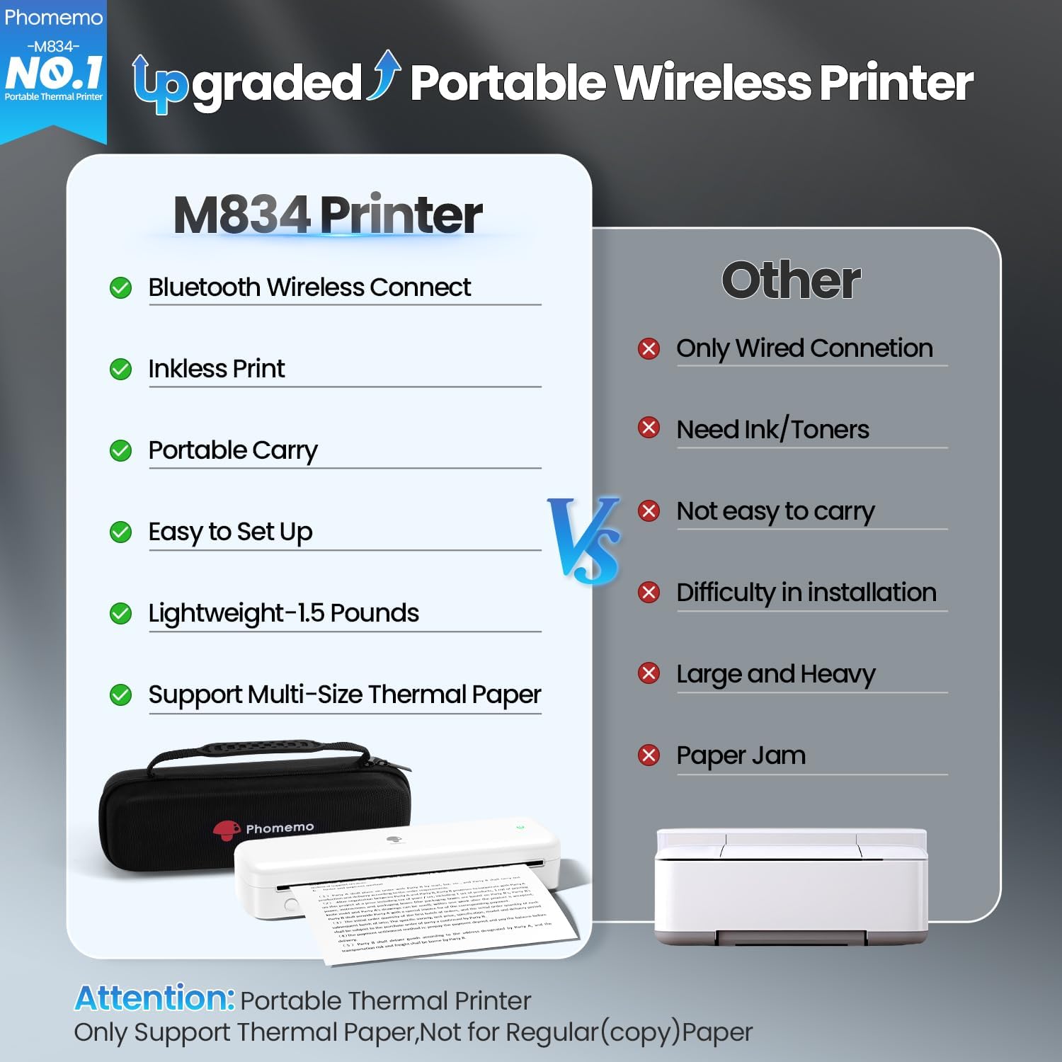 Phomemo Portable Printers Wireless for Travel [Upgraded],M834 Bluetooth Thermal Printer 8.5" x 11"& A4 Size,Inkless Mobile Printer with Carry Case for Travel,Office,School,Car,Home,White