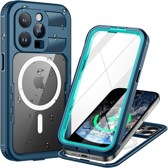 Lanhiem Magnetic for iPhone 15 Pro Case, IP68 Waterproof Dustproof Case, [Compatible with Magsafe] [Built-in Screen Protector] Full Body Heavy Duty Rugged Phone Cover 6.1 inch, Blue/Clear