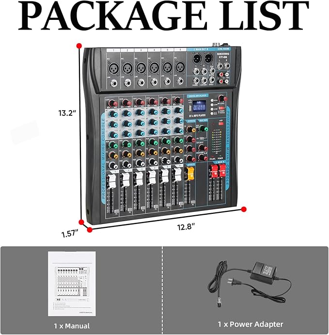 Audio Mixer,6 Channel Board Mixer for Streaming, Professional Sounds Board Mixer with 16 DSP Effect, USB Audio Interface and 48V Phantom Power, Stereo DJ Mixers for PC Recording/DJ stage