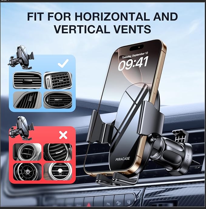 Miracase Upgraded-2nd Generation Universal Phone Holders for Your Car, Hands Free Air Vent Car Phone Holder Mount Compatible with iPhone 16/15/14/13/12/11 Series and All Phones