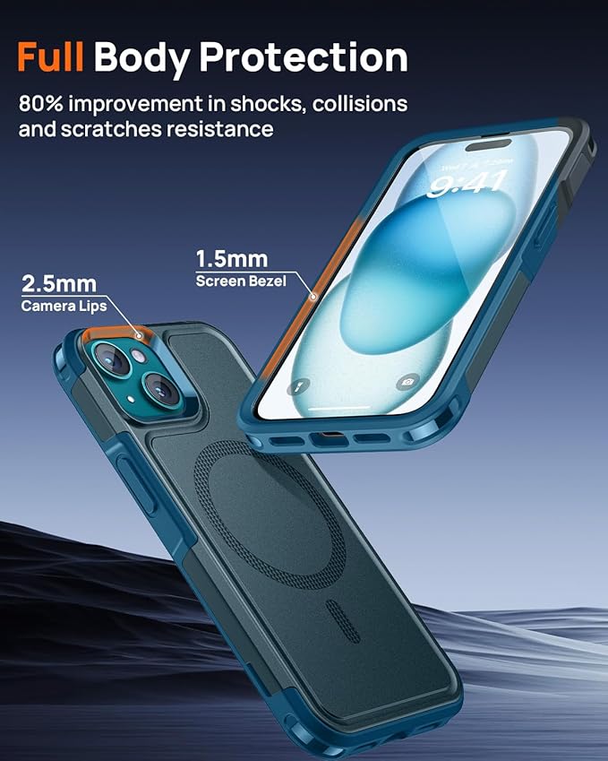 Lanhiem for iPhone 15 Case Magnetic, [2 Pack Tempered Glass Screen Protector][Compatible with MagSafe][10 FT Military Grade Shockproof] Heavy Duty Tough Rugged Phone Cover for iPhone 15 - Dark Blue