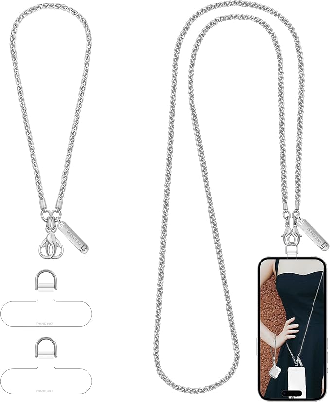 Metal Phone Chain, Crossbody Detachable Phone Lanyard with 1*Wrist Strap & 2* Tether Tabs for iPhone and Smartphones (Silver,Extend)
