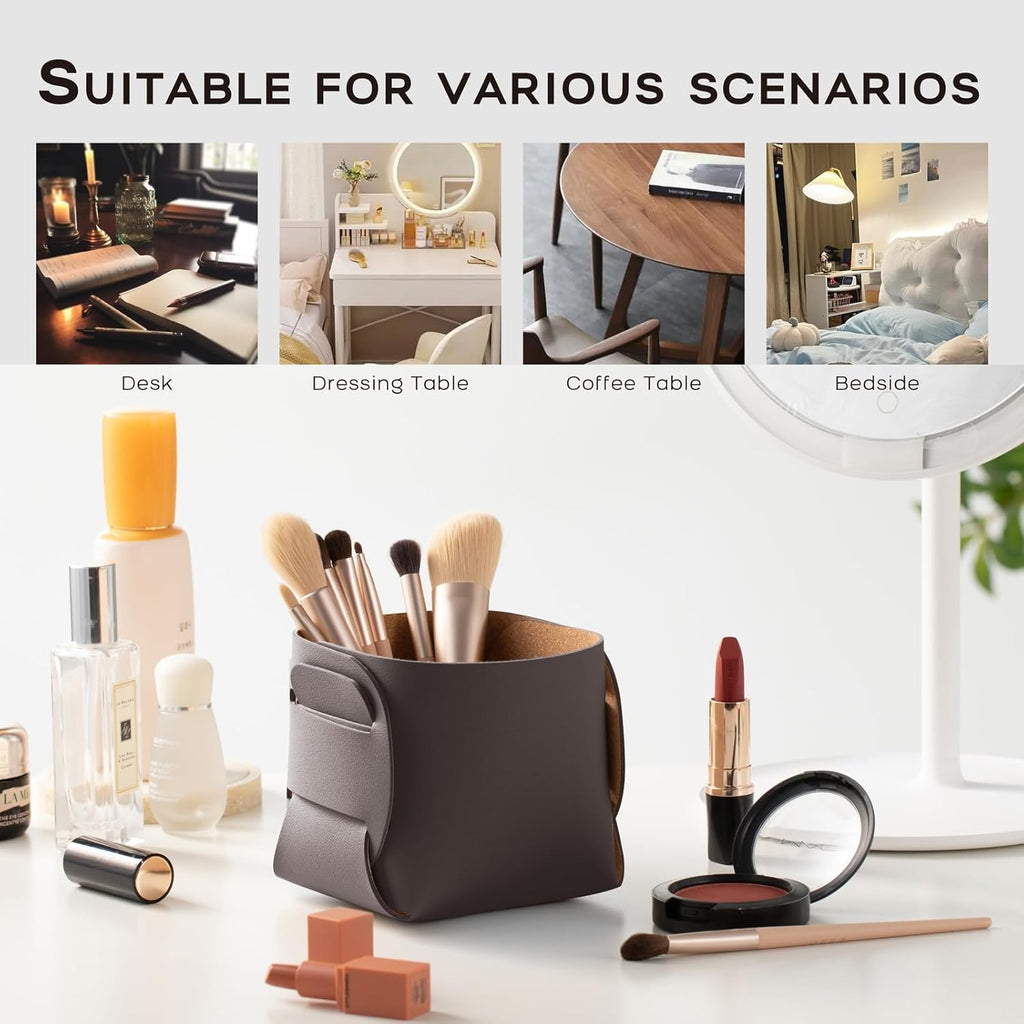 HOMIEAZICOZI 2-Pack Cork Leather Desk Accessories Storage - Pencil Pen Holder - Makeup Brush Holder Organizer - Stylish Addition to Home Decor (Coffee)