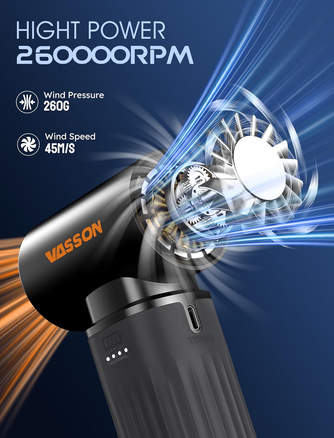 Compressed Air Duster, 260000RPM Cordless Electric Air Blower with Brushless Motor, 3-Speed Adjustable & Rechargeable – Powerful Dust Cleaner for Keyboard, Computer, Car, Outdoor, Air Bed