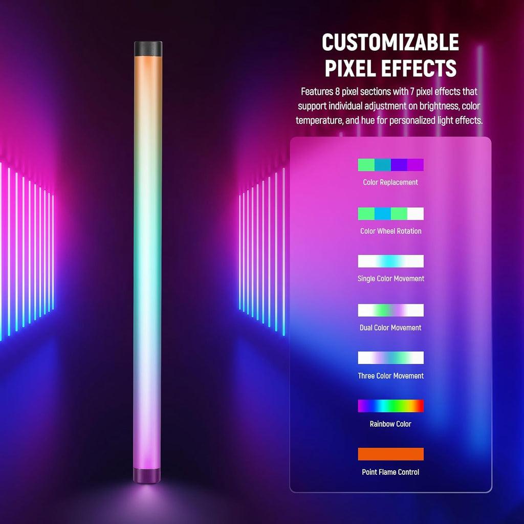 NEEWER TL60 RGB Tube Light, 20W Full Color RGBWW LED Video Lighting Wand Stick for Studio Photography Recording Streaming, APP/2.4G/DMX Control, 7 Pixel Effects 18 Scenes, 2500-10000K CRI97+ TLCI98+
