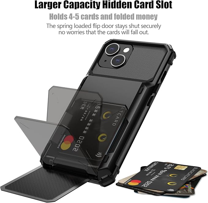 Nvollnoe for iPhone 13 Case with Card Holder[Store 5 Cards] Dual Layer Heavy Duty Shockproof Wallet Case with Hidden Card Slot Large Storage Cover for iPhone 13(Black)