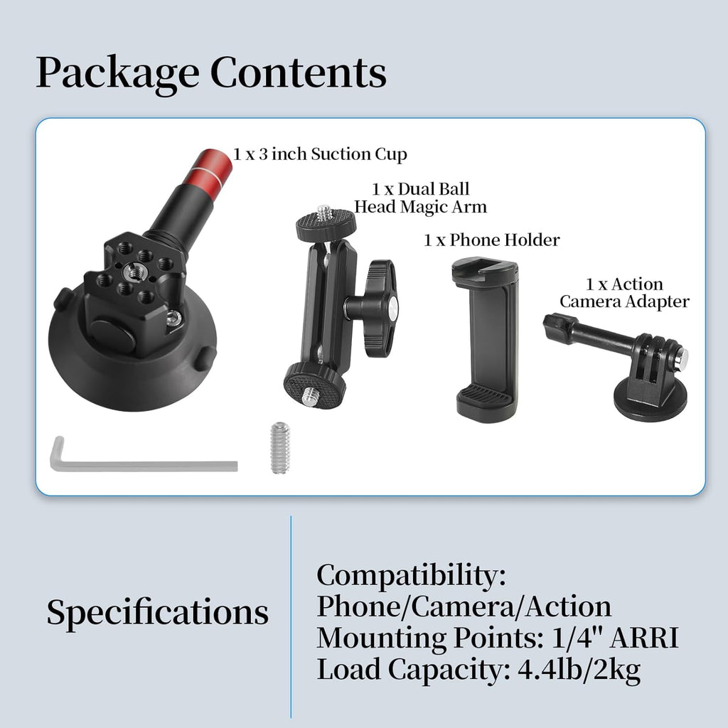 FIFIELD 3inch Suction Cup Camera Mount with Ball Head Magic Arm, 1/4" ARRI Holes, Quick Release Car Mount with Phone Holder & Action Camera Adapter Compatible with DJI OSMO Pocket 3 Insta360 iPhone
