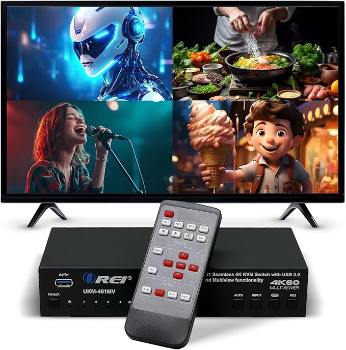 OREI 4x1 KVM HDMI Seamless Switch Multiviewer, Share Multiple Devices, PC, Computers, Phones, Gaming on One Display Monitor, Keyboard Control and USB 3.0 Peripheral Control
