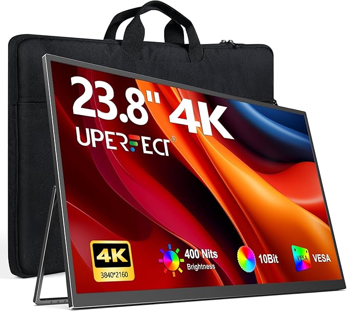 UPERFECT Portable Monitor 4K 23.8" | 400 Nits 24" Large Monitor | 3840 * 2160 UHD 125% sRGB | 1MS FreeSync | USB-C & HDMI | VESA & Kickstand | Second Screen for Computer, Mini PC, Game Consoles