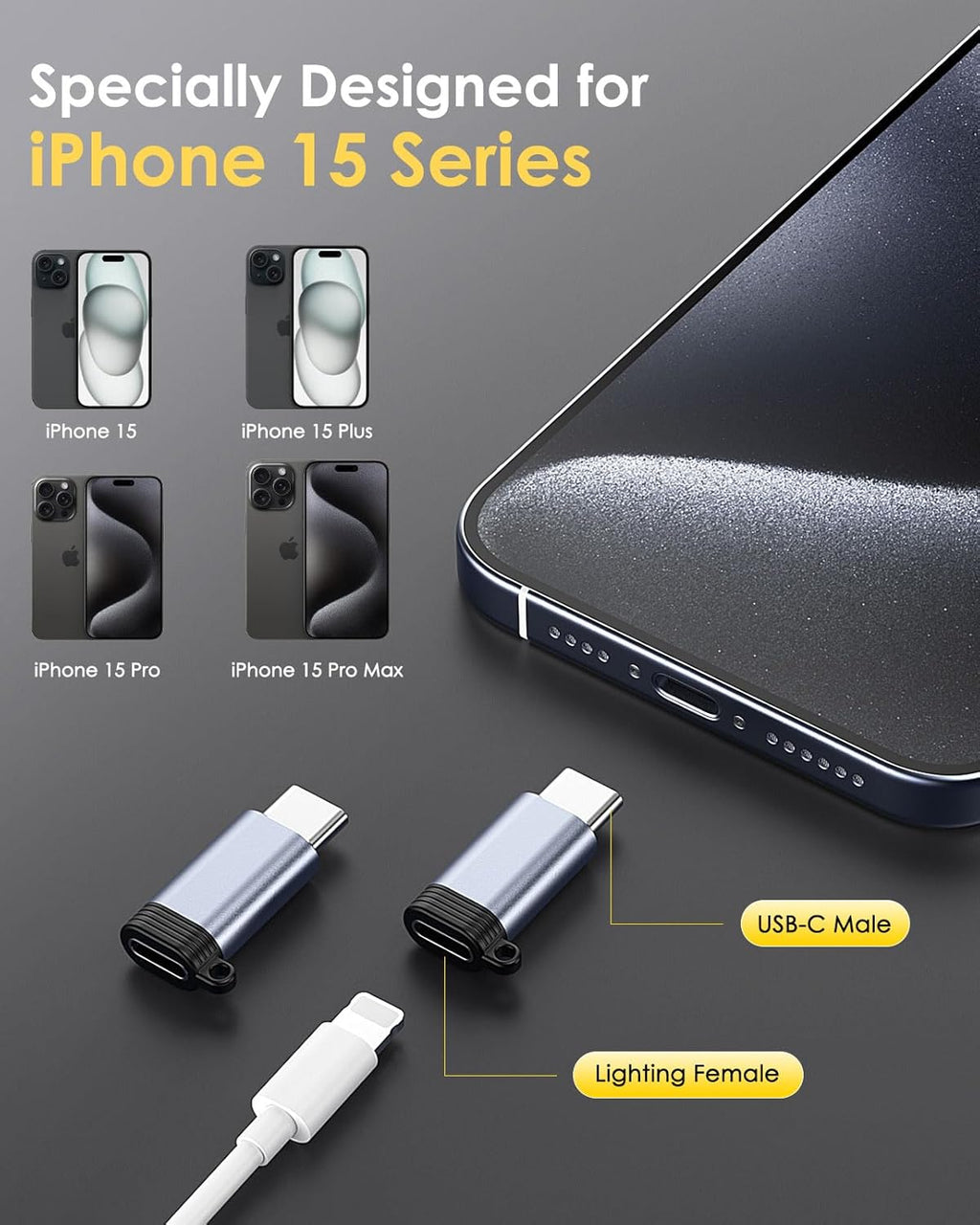 MoKo 4 Pack Lightning Female to USB C Male Adapter, iPhone to USB C Adapter for iPhone 15/16 Pro/16 Pro Max/16 Plus, Galaxy S24, iPad Air/Pro, for Charging/Data Transfer, NOT for Audio/OTG, Gray