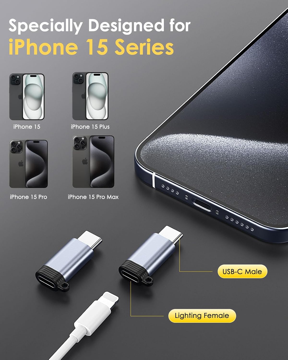 MoKo 4 Pack Lightning Female to USB C Male Adapter, iPhone to USB C Adapter for iPhone 15/16 Pro/16 Pro Max/16 Plus, Galaxy S24, iPad Air/Pro, for Charging/Data Transfer, NOT for Audio/OTG, Gray