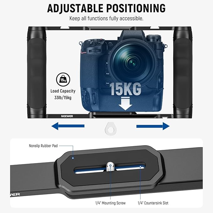 NEEWER Universal Camera Cage & Top Handle with 3/8" ARRI Locating Pins Kit, Video Rig Camera Stabilizer with Arca Type Base, Dual Handgrips, Compatible with SmallRig Accessories, CA016T