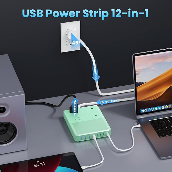 12-in-1 Charging Station USB C Power Strip with 5ft Cord,200W GaN IV USB C Charger Block,4 AC Outlets,4 USB-A,4 USB-C for MacBook,iPhone 16/15/14,Fast Charging Desktop Charger for Office (Green)