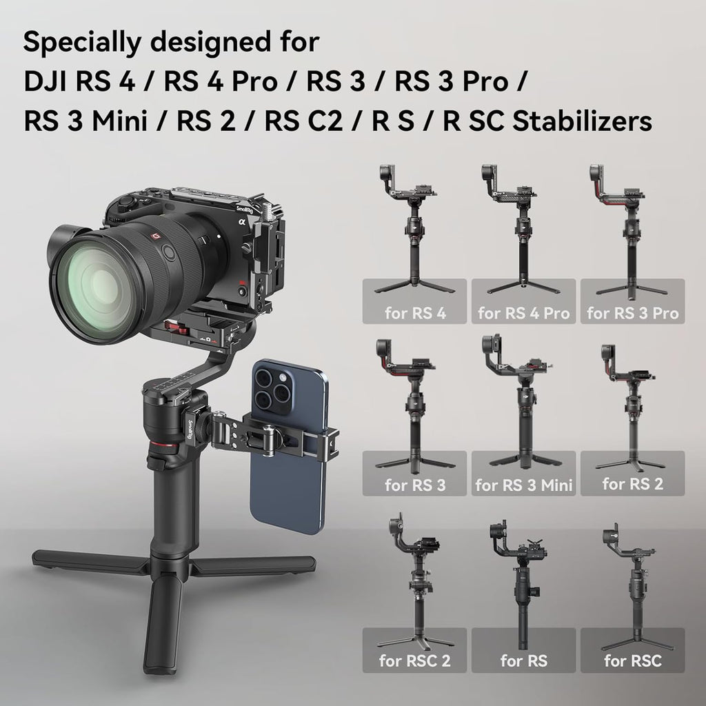 SMALLRIG Universal Phone Tripod Mount, Metal Cell Phone Mount with Cold Shoe Mount and M4 Screws for DJI RS 4 Mini/Pro, Free Adjustment Phone Mount Adapter for iPhone 16 15, for Samsung Galaxy- 4301