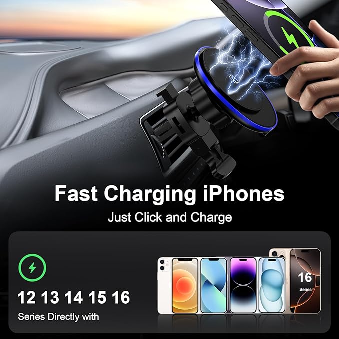 15W Magnetic Car Mount Wireless Charger for Samsung Galaxy S25 Ultra Z Fold7 Flip7 S24 FE S23 Plus S22 S21 MagSafe Wireless Charger Air Vent Auto Car Phone Holder for iPhone 16e 16 Pro Max/Plus 15 14