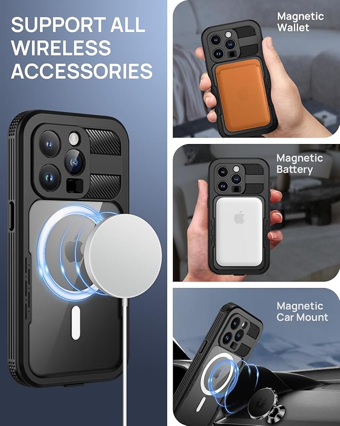 Lanhiem Magnetic for iPhone 15 Pro Case, IP68 Waterproof Dustproof Case, [Compatible with Magsafe] [Built-in Screen Protector] Full Body Heavy Duty Rugged Phone Cover 6.1 inch, Black
