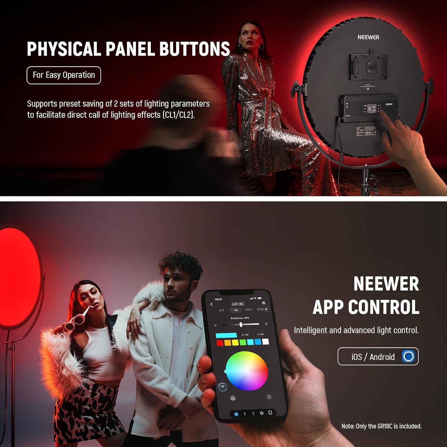 NEEWER 18" RGB LED Round Panel Video Light with APP Control, 65W 6000Lux/0.5m 2500K-8500K RGBCW Photography Studio Lighting /18 Scenes/V Battery Powered for Outdoor Filming Recording Streaming, GR18C