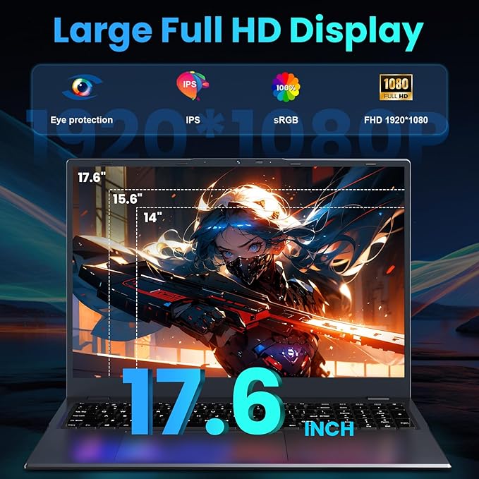 17.6 inch Student-Laptop Computer, 2025 16GB RAM 384GB SSD Expandable 512GB Windows 11 Laptop, Quad-Cores Processor, 1080P FHD Display, 1 Year Office 365, Backlit Keyboard, WiFi 6, Type C